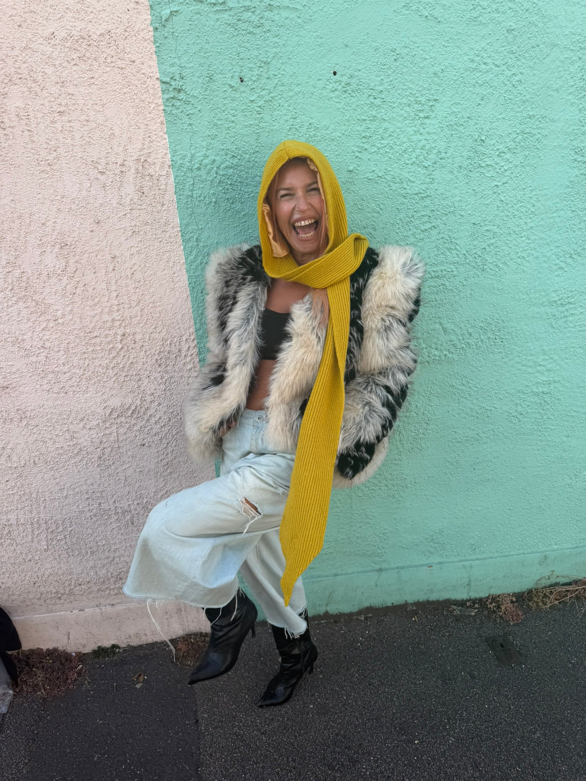 The Silky Lined Hood Scarf in mustard yellow