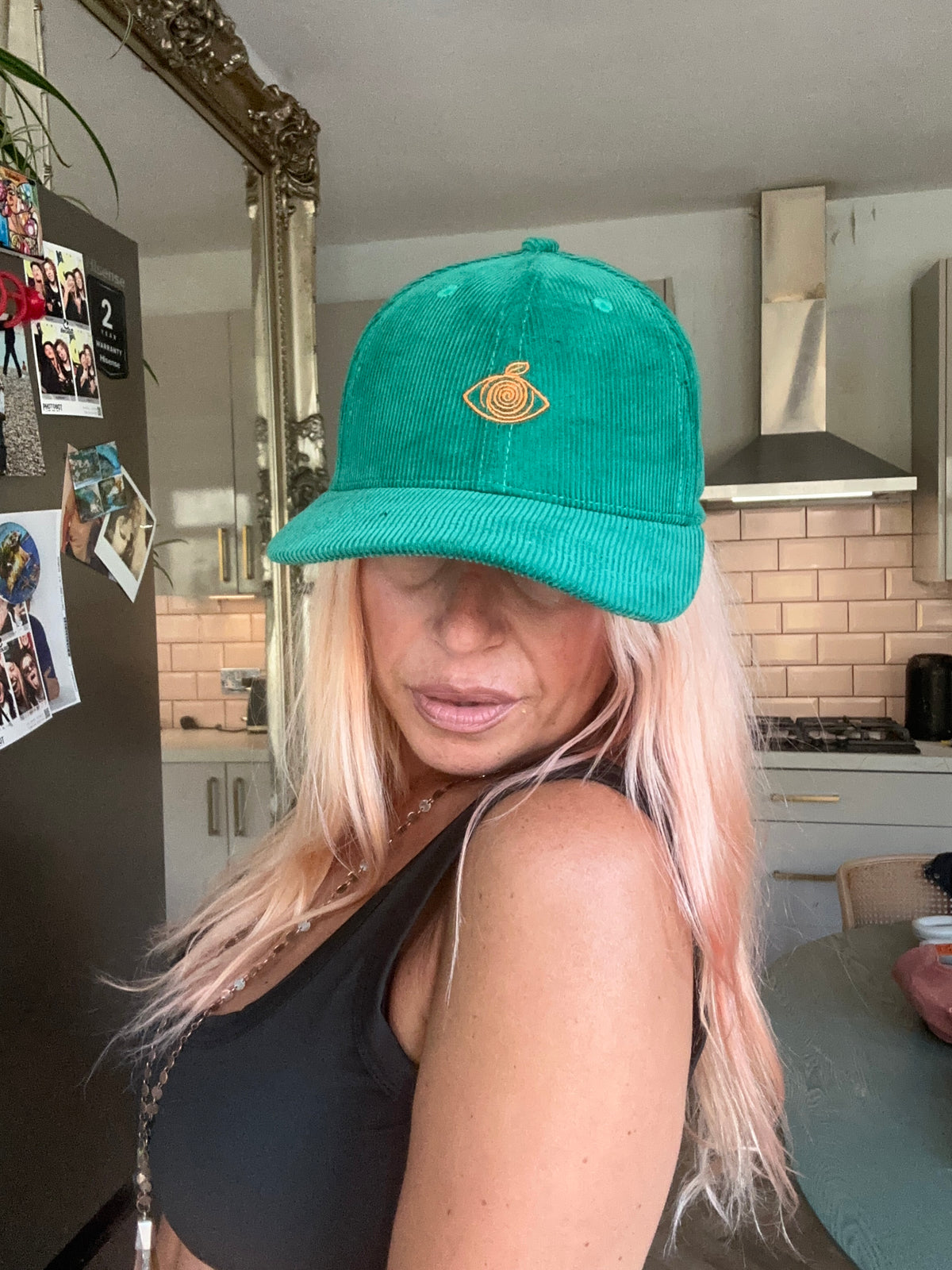 Proud Peach Silky Lined Corduroy Cap in Emerald Green