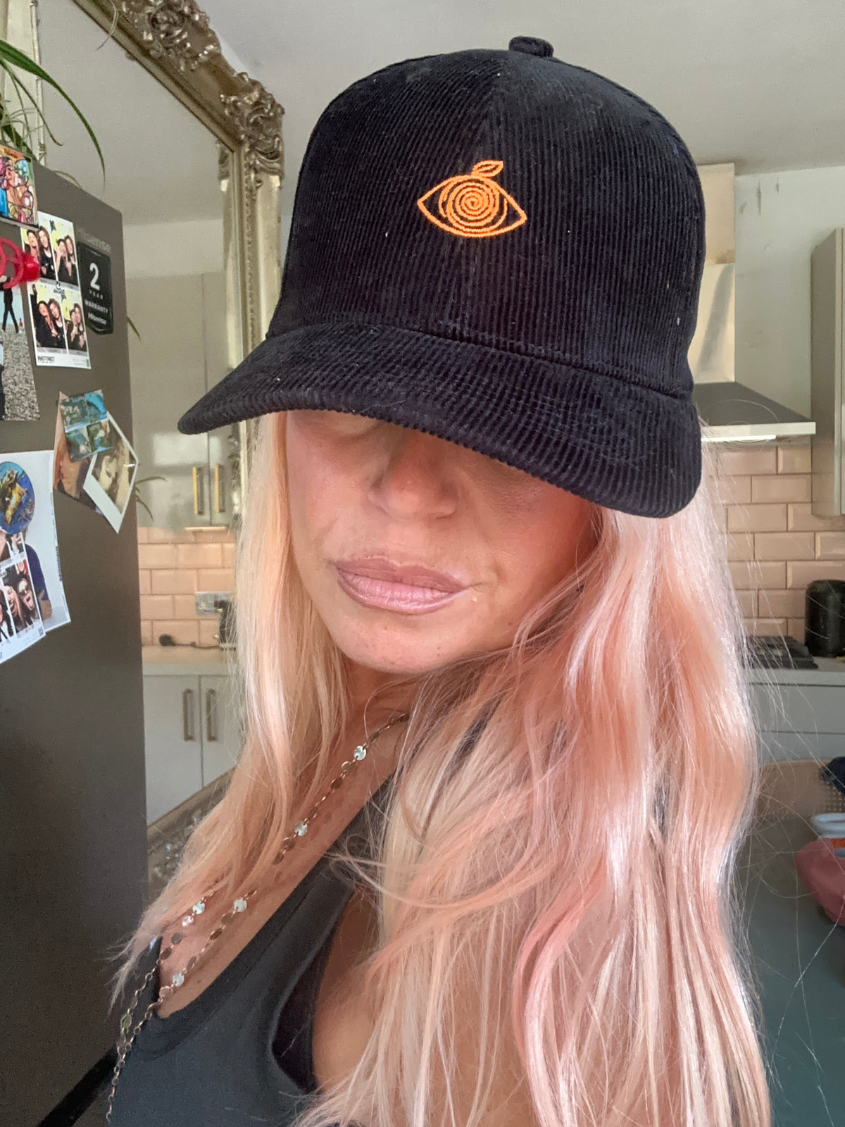 Proud Peach Silky Lined Corduroy Cap in Black